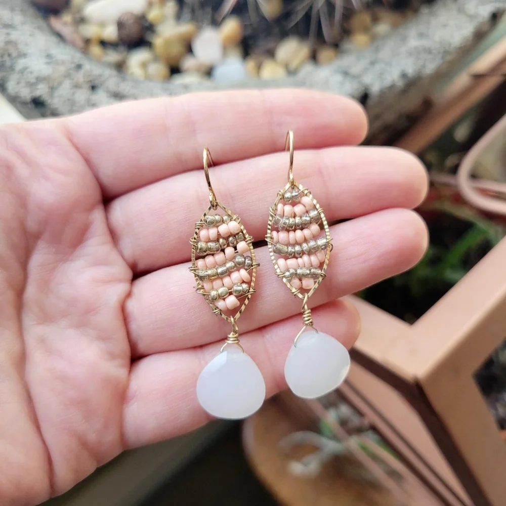 Handmade Pink & White Beaded Dangle Drop Hook Earrings